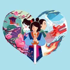 two people holding swords in front of a heart shaped background with flowers and buildings on it