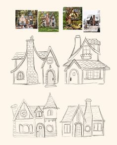 four different types of houses drawn in pencil