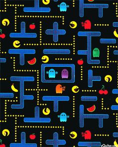 an old computer game with pacman and other characters on it's black background