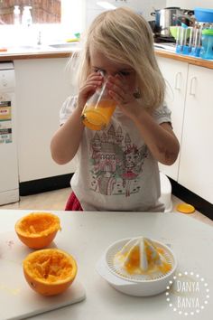 Orange Grove Cottage Orange Juice Bottle With Slices, Glass Of Orange Juice With Slice, How To Cut Orange Slices For Kids, Painting With Oranges, The Big Orange Splot Activities, Painting With Oranges Preschool, Orange Juice Craft, Citrus Activities For Kids, Oranges For Kids