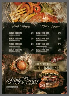 a restaurant menu with burgers and other food items on the front, along with an old - fashioned wooden background