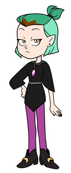 a cartoon girl with green hair and purple pants, standing in front of a white background