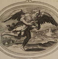 an old engraving shows a man being hugged by an angel in a circle with the words,
