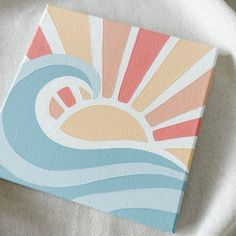an abstract painting of the sun and ocean waves in pastel colors on a white background