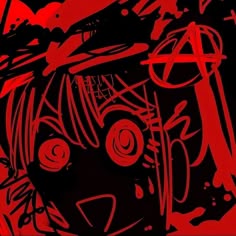 a red and black drawing of a woman's face with eyes wide open in the dark