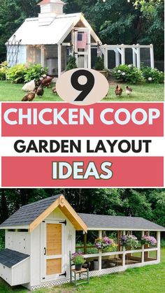 Two-part image showcasing chicken coop and garden layout ideas. Top image features a white traditional coop with a fenced run and US flag decor. Bottom image shows a modern white coop with a sloped roof and an attached run featuring hanging flower baskets. Both coops highlight creative integration of chicken keeping and gardening.