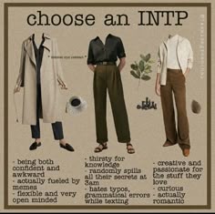 Intp Fashion Style, Intj Aesthetic Outfit, Intj Outfit Style, Intj Personality Outfits, Intp Mbti Clothing Style, Intp Personality Clothes, Intj Personality Lookbook, Intj Mbti Outfit, Which Type Of Intp Are You