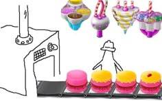 a drawing of cupcakes being made with colored icing and other things in the background