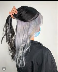 Silver Hair Underneath, Peekaboo Grey Hair, Half Grey Hair, Hair Color Ideas Split Dye, Black Hair Silver Underneath, Black Hair With Silver Underneath, Gray Underneath Hair, Silver Hair Ideas, Silver Underdye Hair