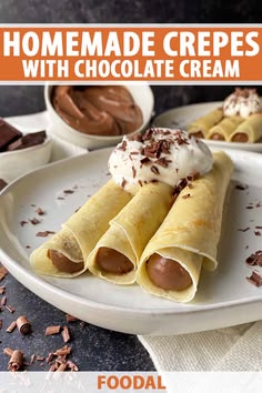 homemade crepes with chocolate cream are on a white plate and topped with whipped cream