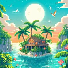 an island in the ocean with a house on it and birds flying around at night