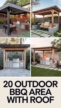an outdoor bbq area with roof and grill