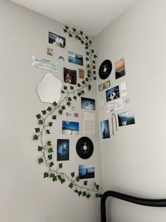 there is a wall with various pictures on it and plants growing out of the walls