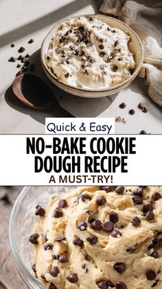 no - bake cookie dough recipe in a glass bowl