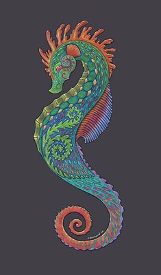 a drawing of a colorful seahorse on a black background