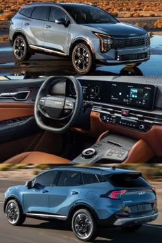 three different views of the interior and exterior of a car, including an suv with steering wheel