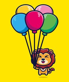Cute lion floating with balloon cartoon vector illustration