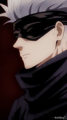 an anime character with black hair and white eyes wearing a scarf over his head, looking off to the side