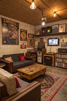 a living room filled with furniture and lots of pictures on the wall above it's entertainment center