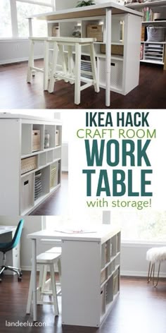 the ikea hack craft room work table with storage is shown in three different views
