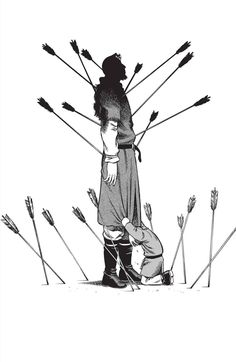 a black and white drawing of a person standing in front of arrows with one hand on the ground