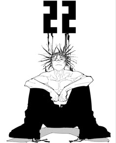 an anime character sitting down with the number 53 on his head in front of him