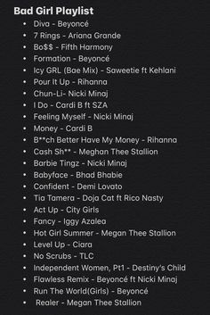 the poster for bad girl playlist is shown in black with white writing on it