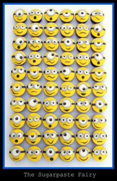 some yellow and black minion faces on a white background with the words, the sugarpaste fairy