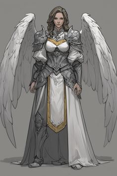 an angel with white wings standing in front of a gray background and gold trimmings