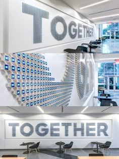 an office lobby with chairs, tables and a sign that says together on the wall