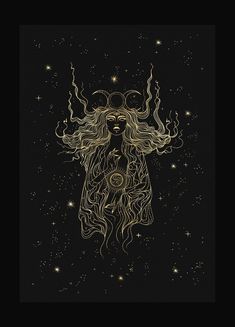an image of a woman with long hair and stars in the sky above her head