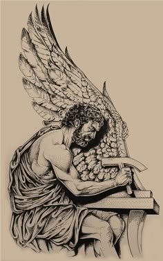 a drawing of an angel sitting on top of a table holding a piece of paper