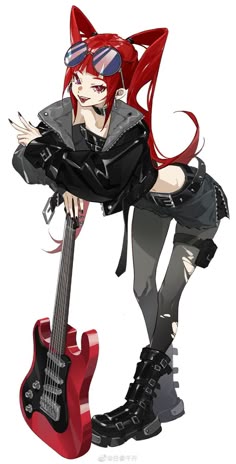 Rockstar Chika, Striped Character, Rocking Pose, Piano Characters, Rock Outfit Female, Anime Rocker, 90s Style Rock, Anime Art Oc, Cyberpunk Rocker Girl