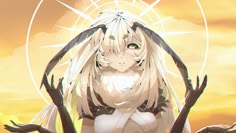 a woman with long blonde hair sitting on top of a tree branch in front of an orange sky