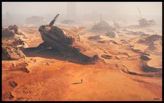 an old rusted out ship in the middle of some barren desert area with other ships