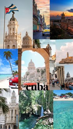 the collage has many different pictures and words to describe in each language, including cities