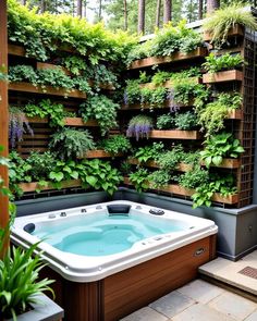 an outdoor hot tub with plants growing on the wall