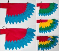 four different pictures of the same bird made out of paper and colored felt with scissors