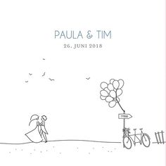 a drawing of a man and woman walking on the beach with balloons in their hand