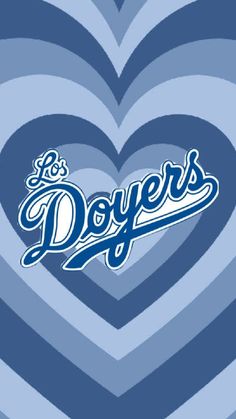 the los angeles dodgers logo on a blue and white striped heart shaped background with text