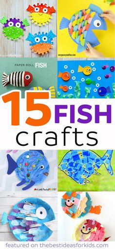 15 fish crafts for kids to make with paper plates and construction paper, which are also made out of construction paper