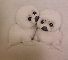 two white stuffed animals sitting next to each other on top of snow covered ground and one is looking at the camera