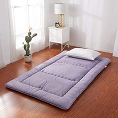 a large mattress sitting on top of a wooden floor next to a potted plant