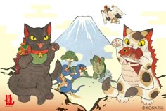 two cats are standing in front of a mountain and one cat is sitting on the ground