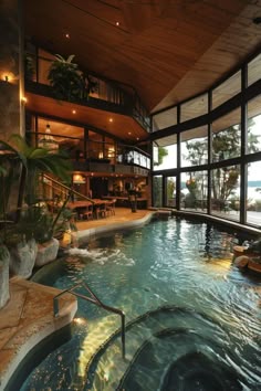a large indoor swimming pool surrounded by windows