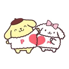 two cartoon sheep with hearts and bows on their heads, one is hugging the other