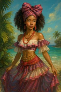 a painting of a woman wearing a pink and white dress on the beach with palm trees in the background