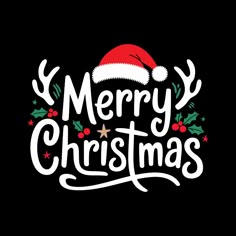 merry christmas lettering with santa hat on black background