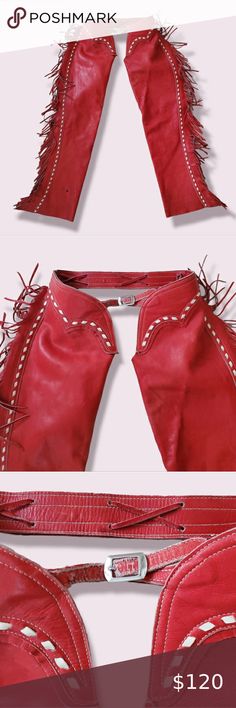 --Vintage Red Leather Shotgun Show Chaps Buckstitch Western