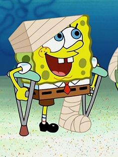 the spongebob character is holding two crutches